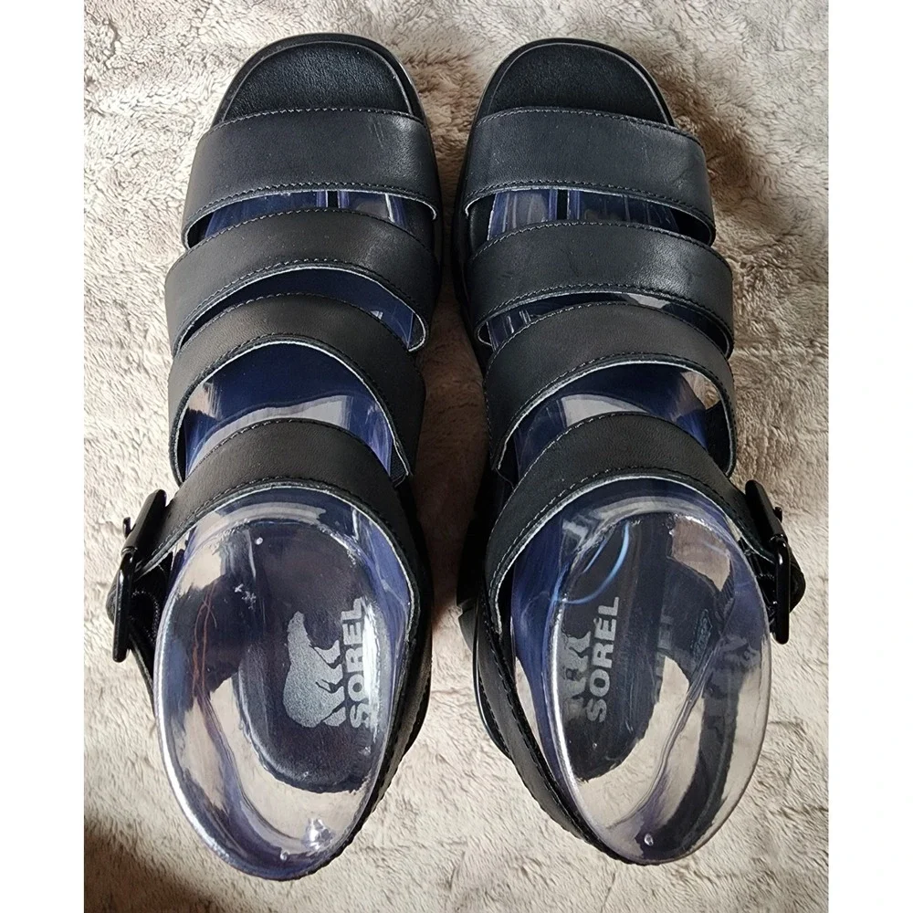 Sorel Joanie III Black Ankle Strap Leather Wedge Sandals Womens 8.5 1986121010